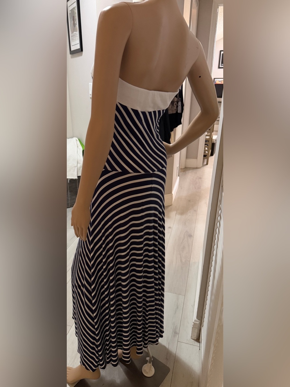 Joseph Walker Strapless Navy White Striped Asymmetrical Midi Dress M - Picture 3 of 5